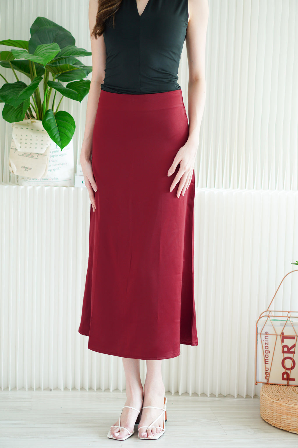 Kaela Satin Skirt in Dark Red