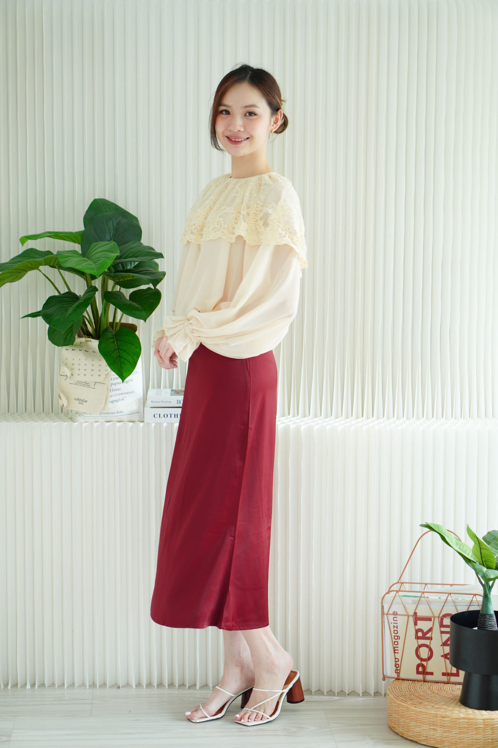 Kaela Satin Skirt in Dark Red