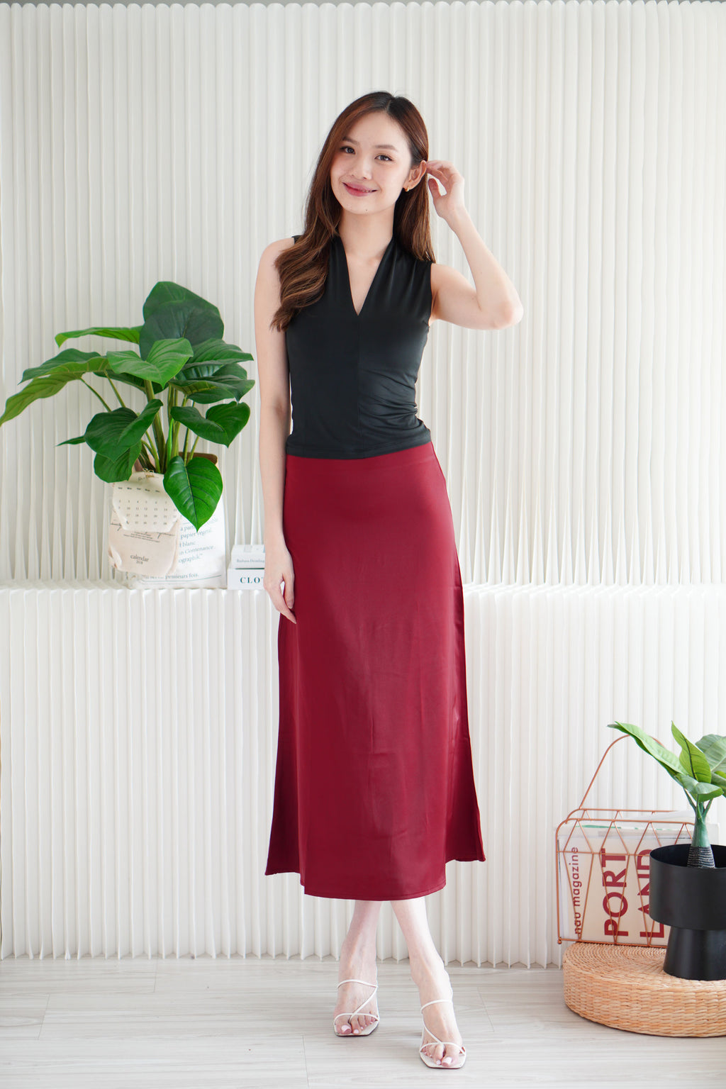 Kaela Satin Skirt in Dark Red