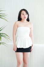 Frenchie Ruched Peplum Tube Top in Beige