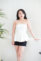 Frenchie Ruched Peplum Tube Top in Beige