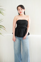 Frenchie Ruched Peplum Tube Top in Black