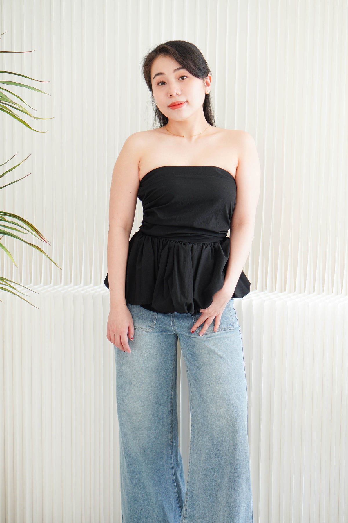 Frenchie Ruched Peplum Tube Top in Black