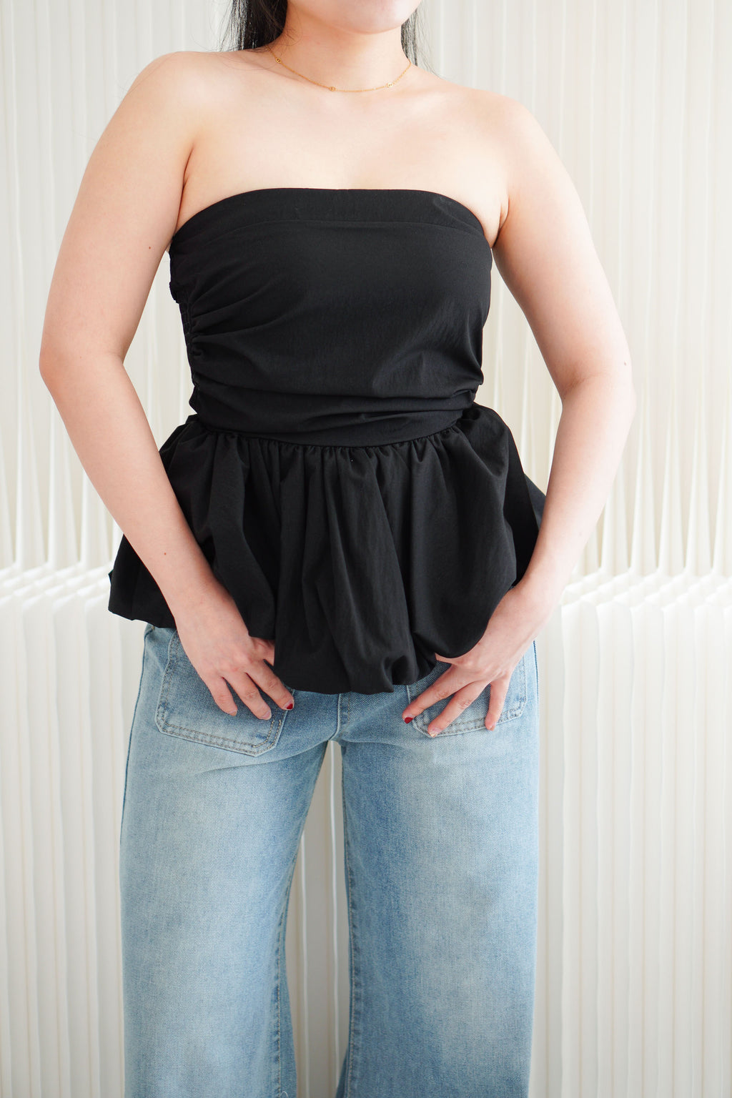 Frenchie Ruched Peplum Tube Top in Black