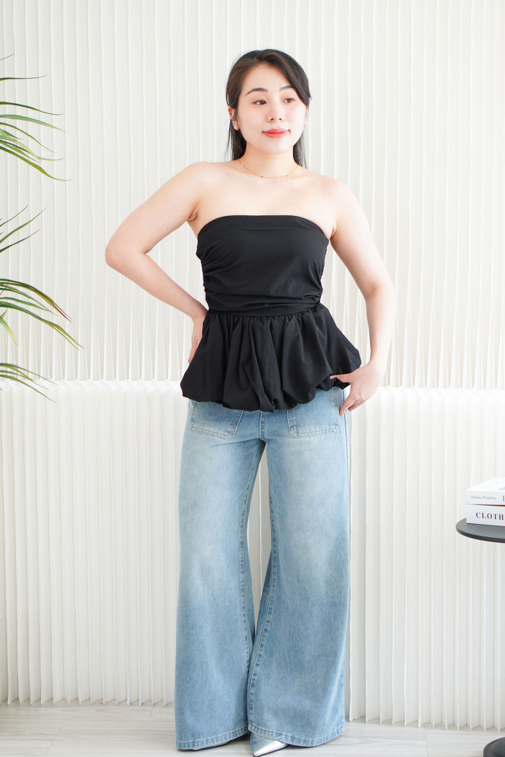 Frenchie Ruched Peplum Tube Top in Black