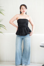 Frenchie Ruched Peplum Tube Top in Black