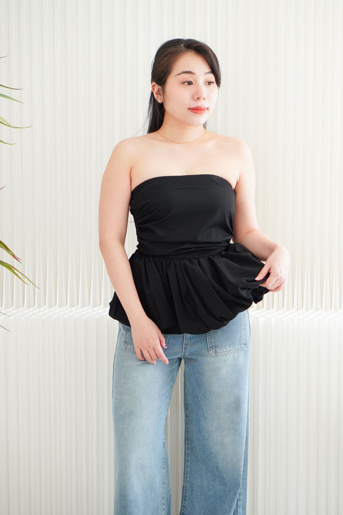 Frenchie Ruched Peplum Tube Top in Black