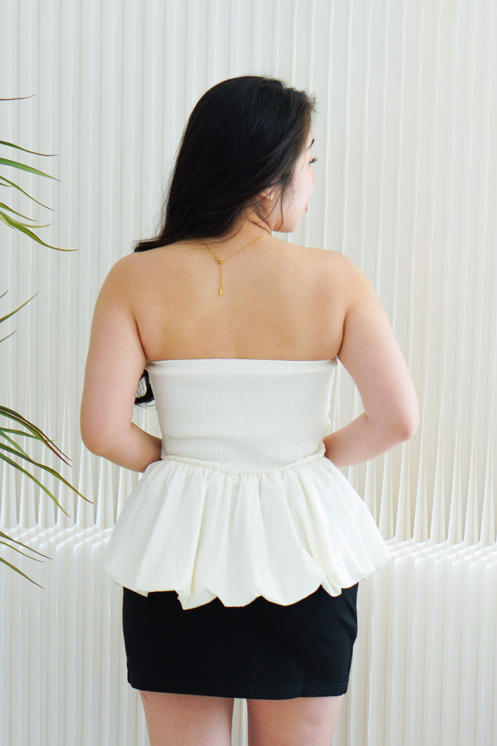Frenchie Ruched Peplum Tube Top in Beige