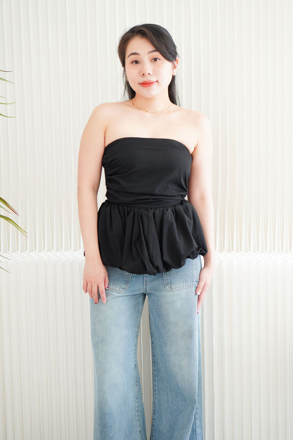 Frenchie Ruched Peplum Tube Top in Black