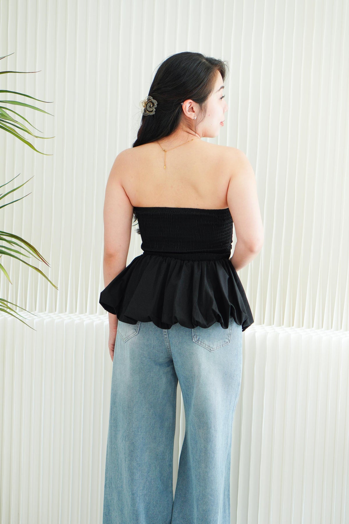 Frenchie Ruched Peplum Tube Top in Black
