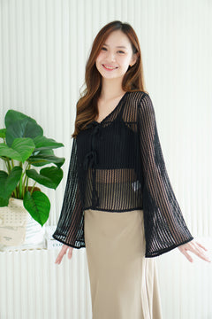 Zeni Ribbon Front-Tie Fish Net Top in Black