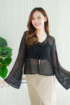 (BACKORDER) Zeni Ribbon Front-Tie Fish Net Top in Black