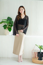 (BACKORDER) Zeni Ribbon Front-Tie Fish Net Top in Black