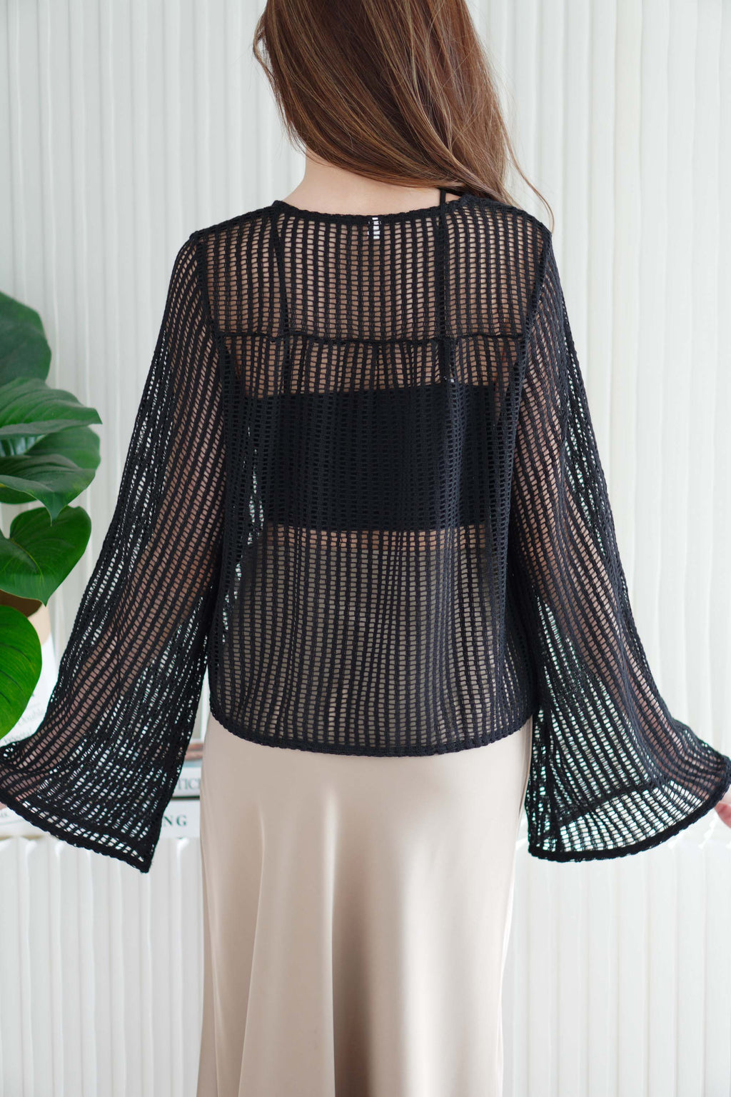 (BACKORDER) Zeni Ribbon Front-Tie Fish Net Top in Black