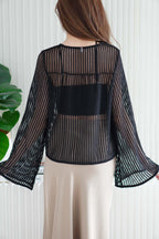 (BACKORDER) Zeni Ribbon Front-Tie Fish Net Top in Black