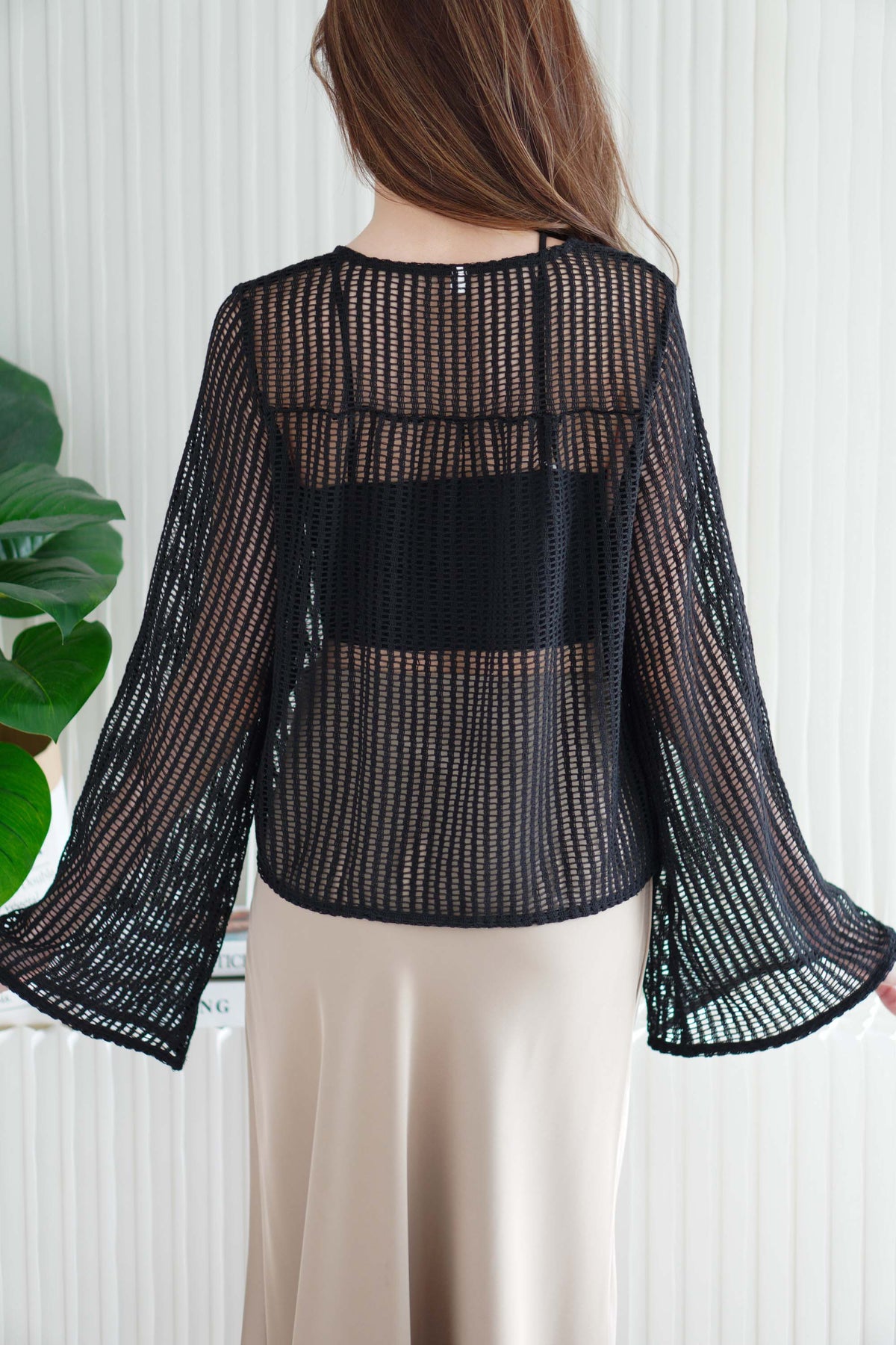 (BACKORDER) Zeni Ribbon Front-Tie Fish Net Top in Black