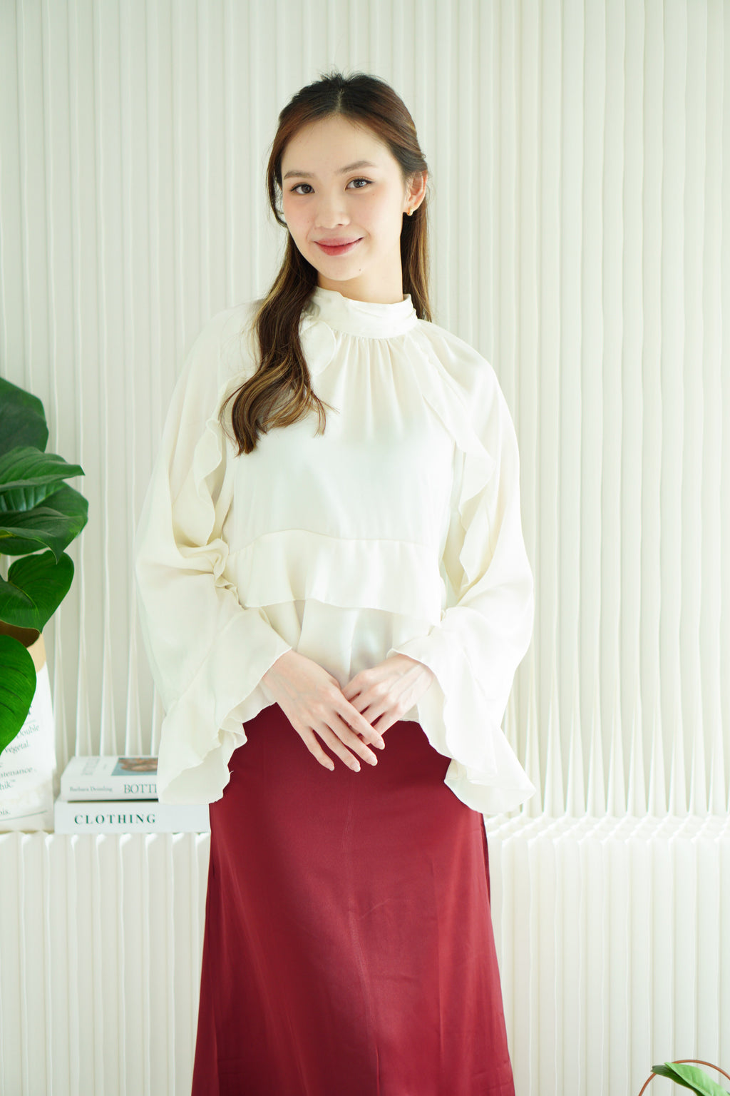 (BACKORDER) Selia Ruffles Long Sleeve Blouse Top in Light Cream