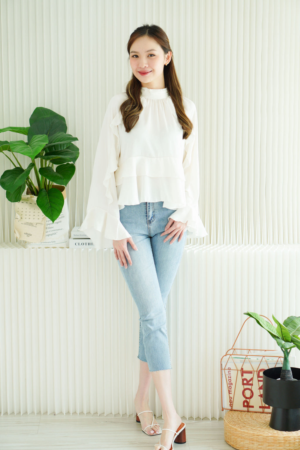 (BACKORDER) Selia Ruffles Long Sleeve Blouse Top in Light Cream