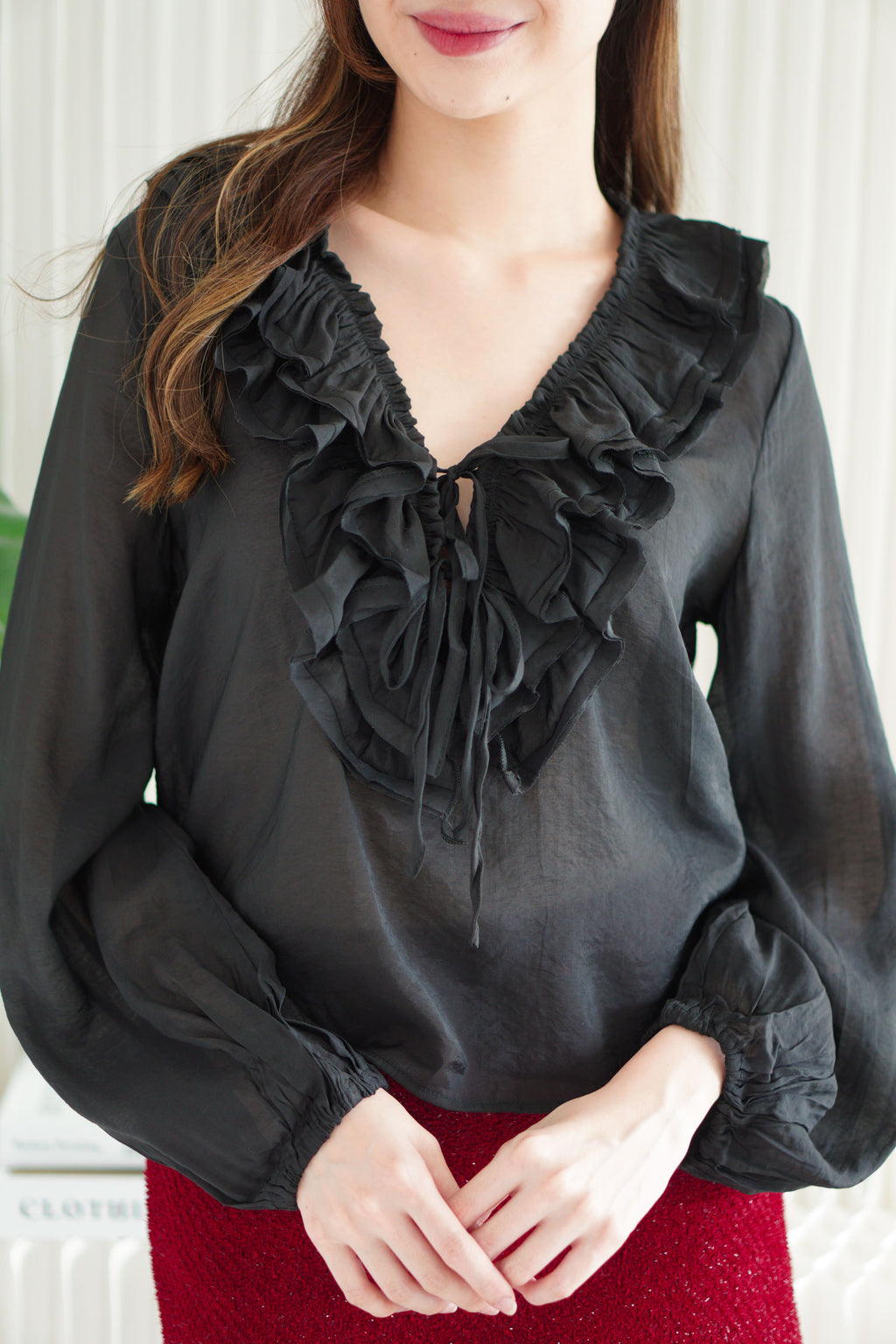 Niya Ruffles Long Sleeve Front-Tie Top in Black