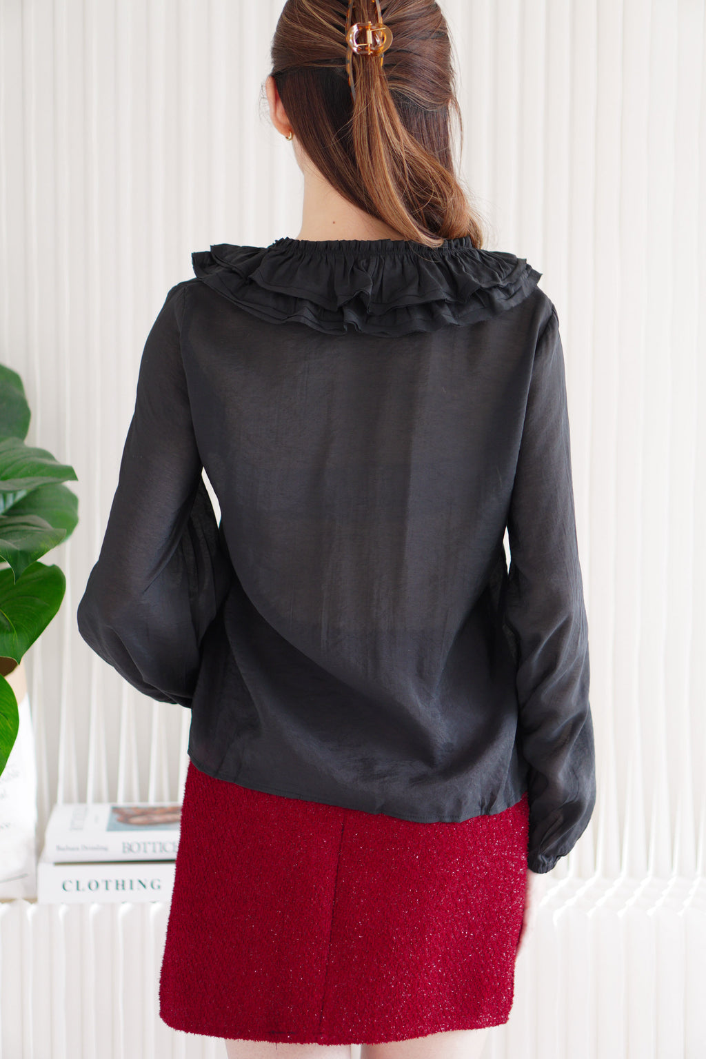 Niya Ruffles Long Sleeve Front-Tie Top in Black