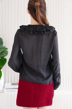 Niya Ruffles Long Sleeve Front-Tie Top in Black