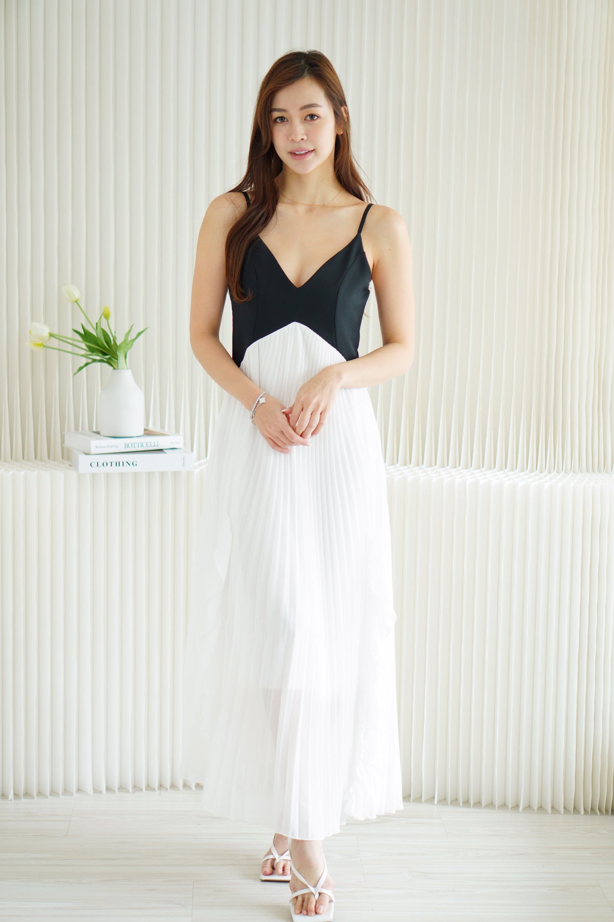 Monovi Pleated Maxi Dress in Black and White
