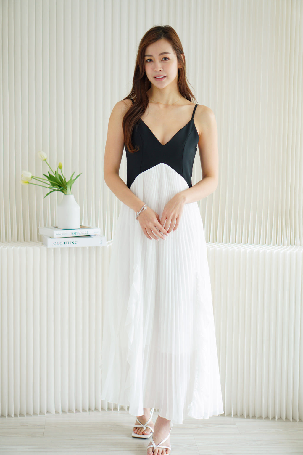 Monovi Pleated Maxi Dress in Black and White