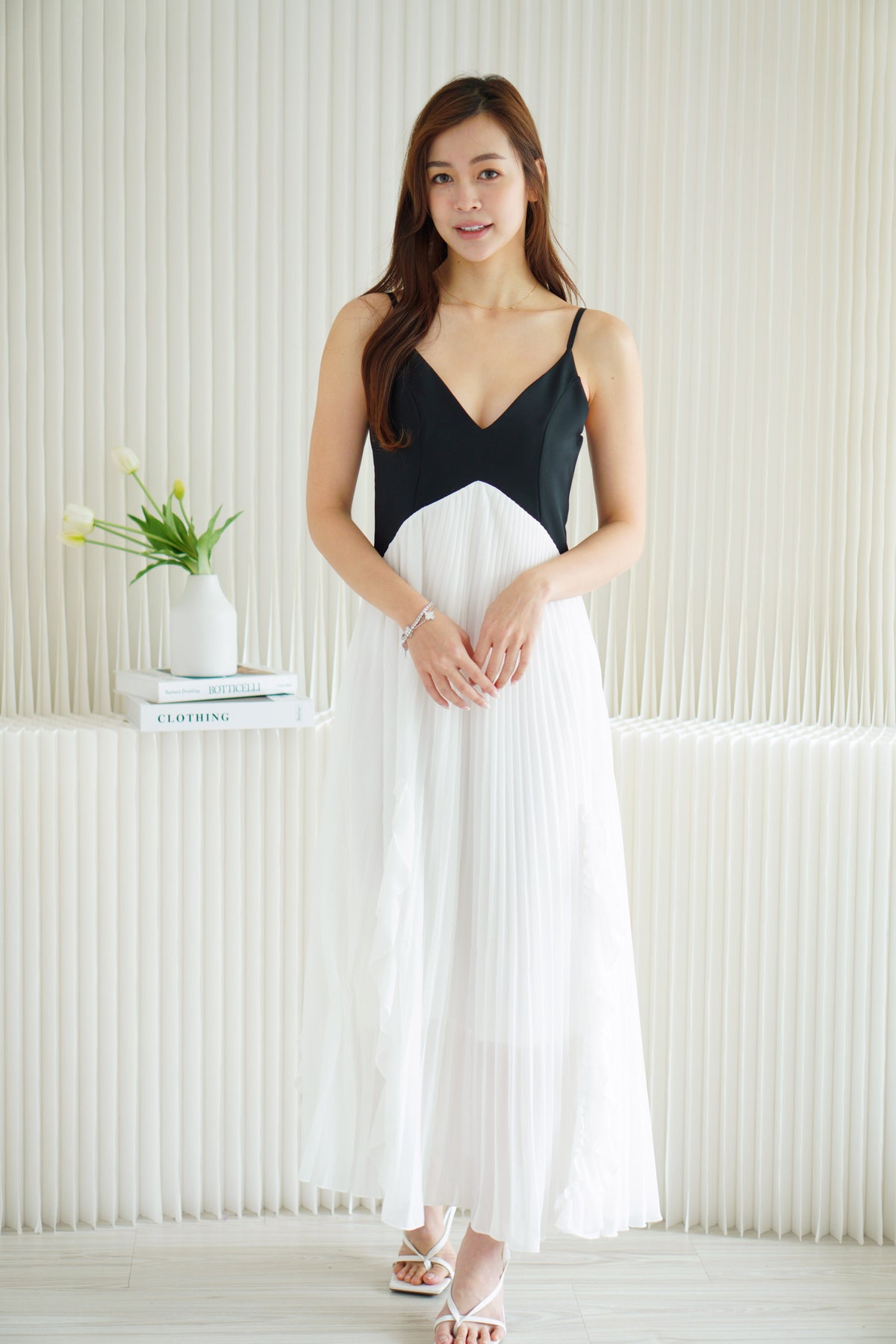Monovi Pleated Maxi Dress in Black and White
