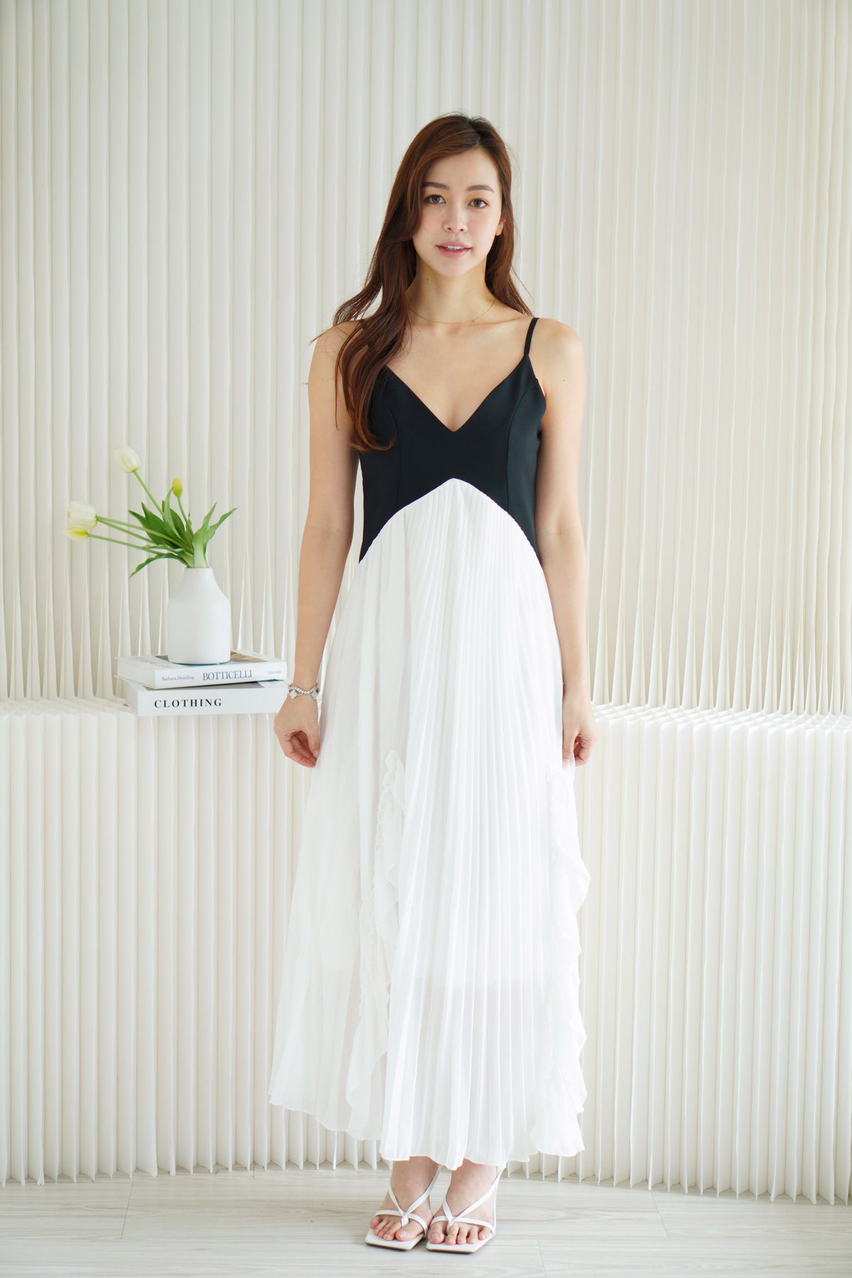 Monovi Pleated Maxi Dress in Black and White