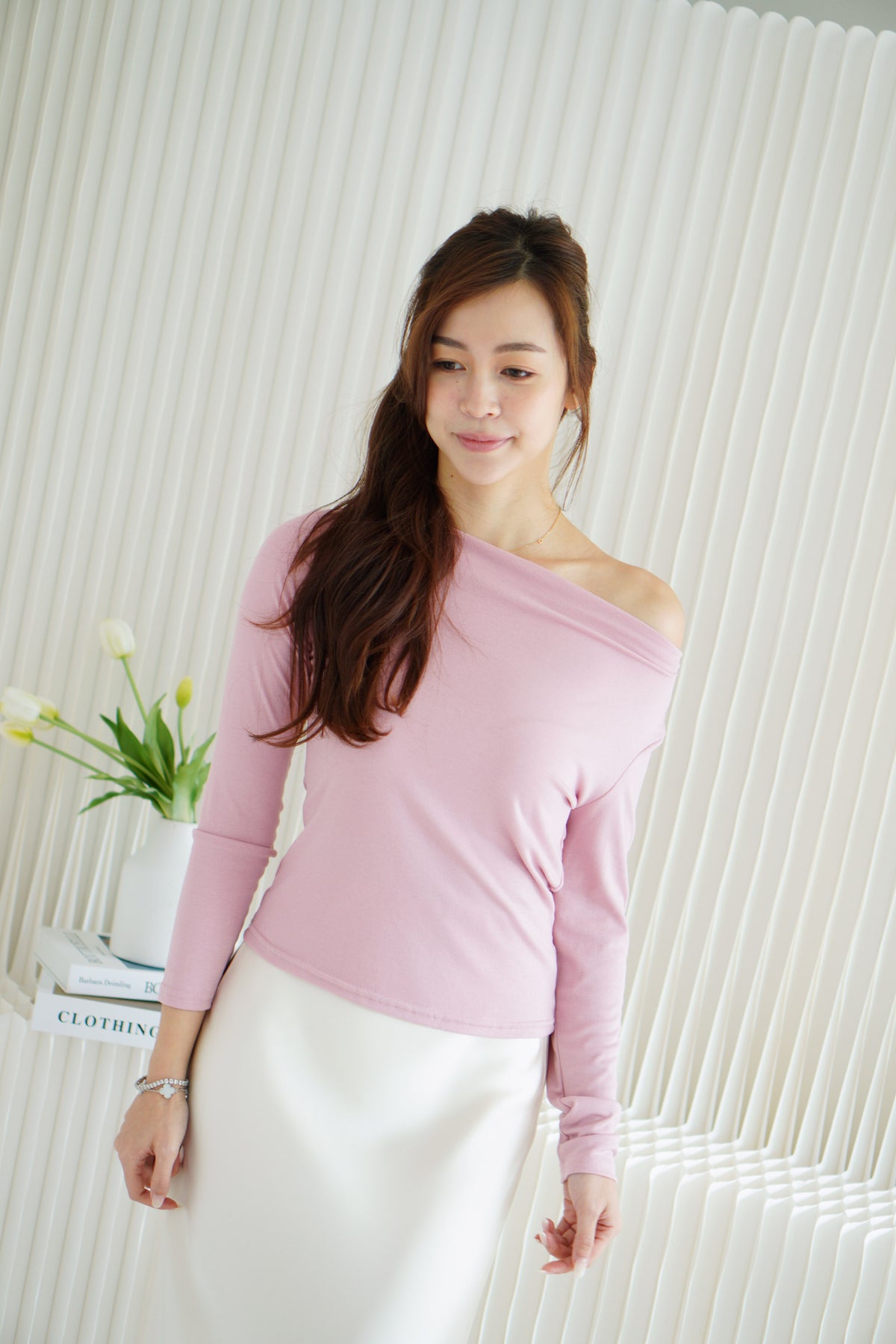 Belinda Long Sleeve 2 Way Boat Neck Top in Pink