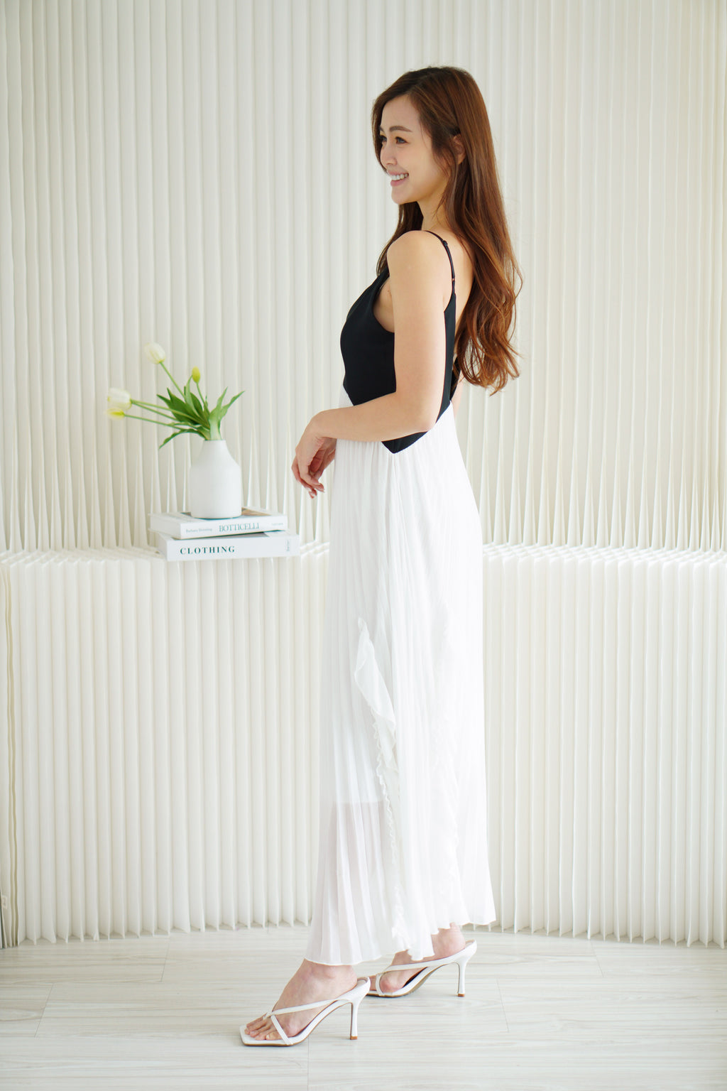 Monovi Pleated Maxi Dress in Black and White