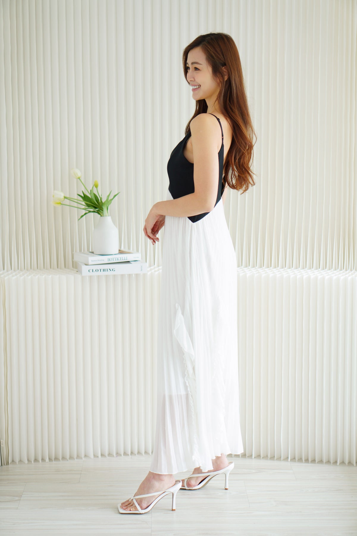 Monovi Pleated Maxi Dress in Black and White