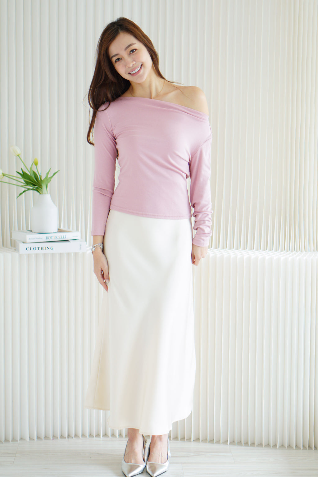 Belinda Long Sleeve 2 Way Boat Neck Top in Pink