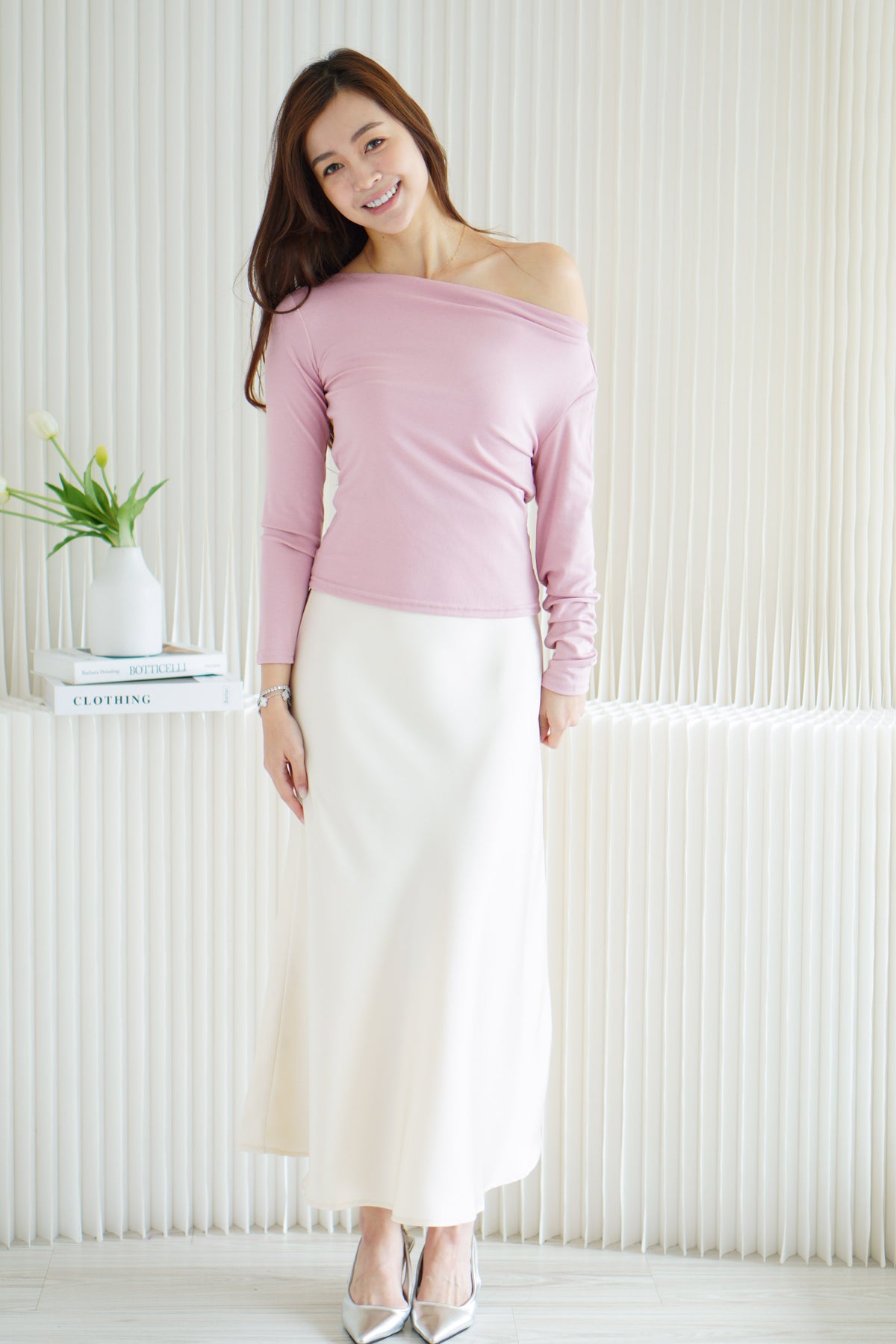 Belinda Long Sleeve 2 Way Boat Neck Top in Pink