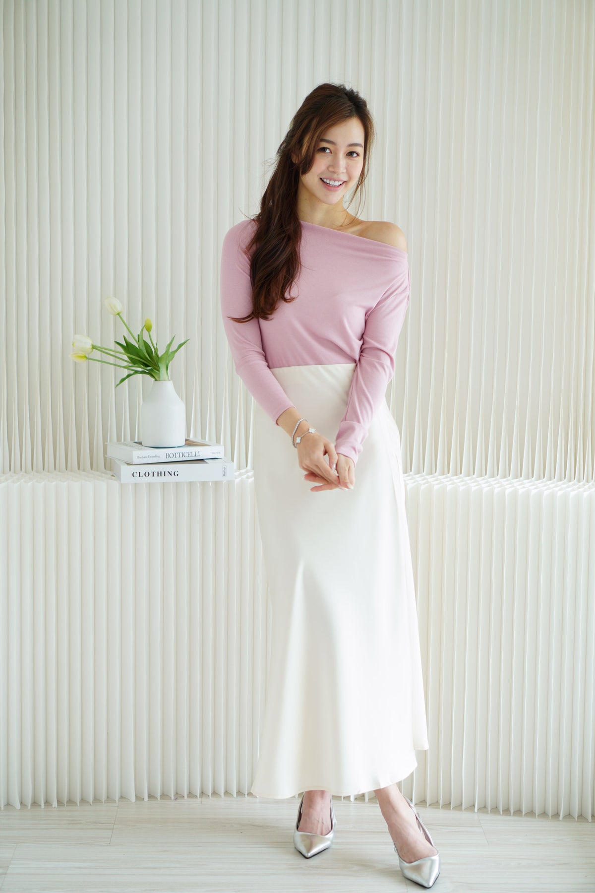 Belinda Long Sleeve 2 Way Boat Neck Top in Pink