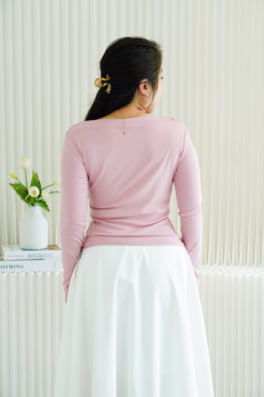 Belinda Long Sleeve 2 Way Boat Neck Top in Pink