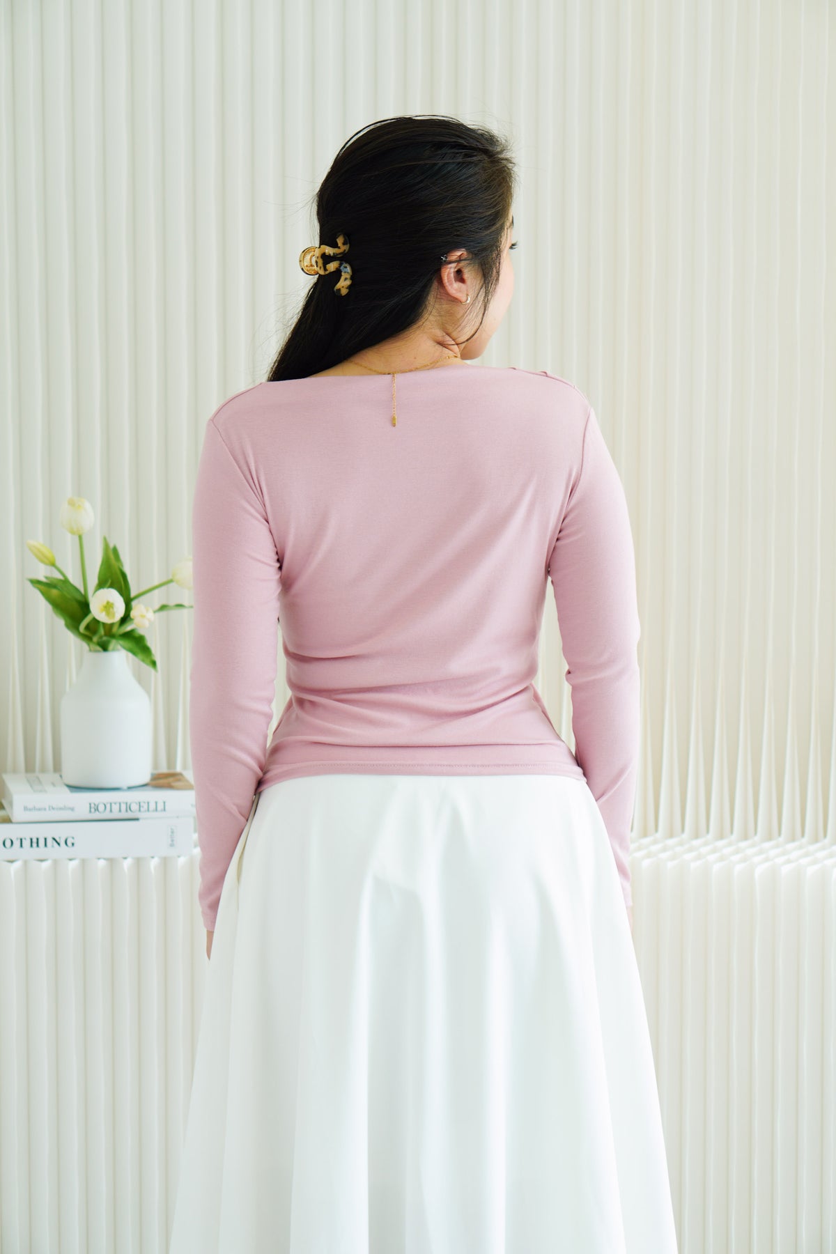 Belinda Long Sleeve 2 Way Boat Neck Top in Pink