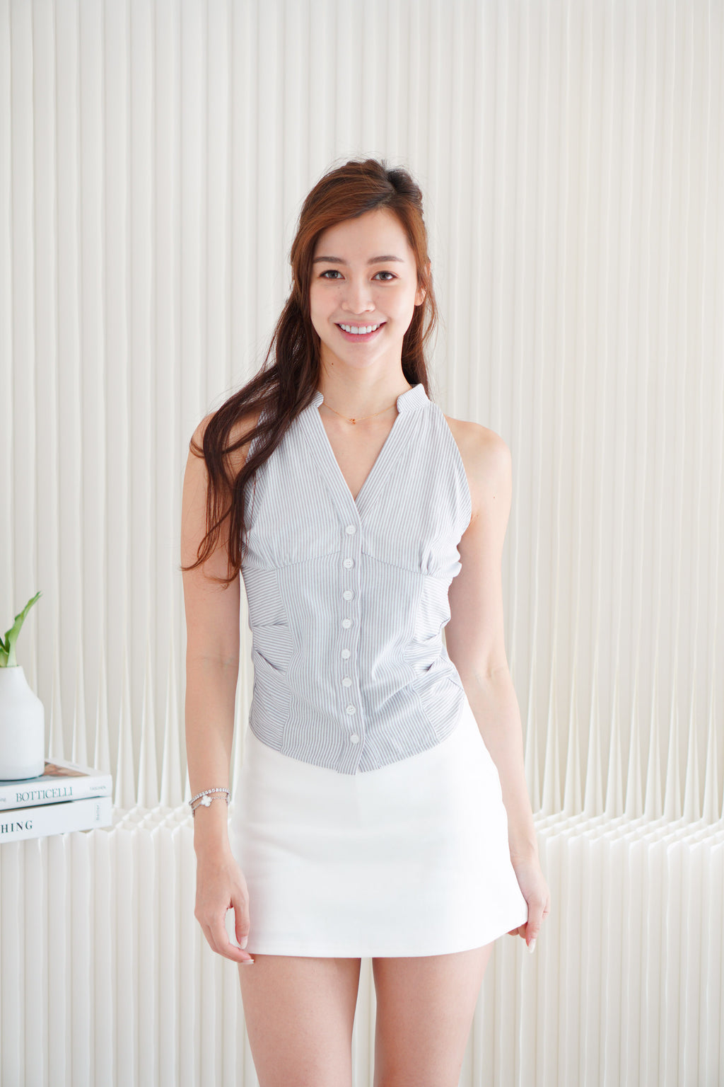 Maris Stripes Button Sleeveless Top in Light Grey Blue