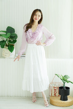 Niya Ruffles Long Sleeve Front-Tie Top in Mauve Pink
