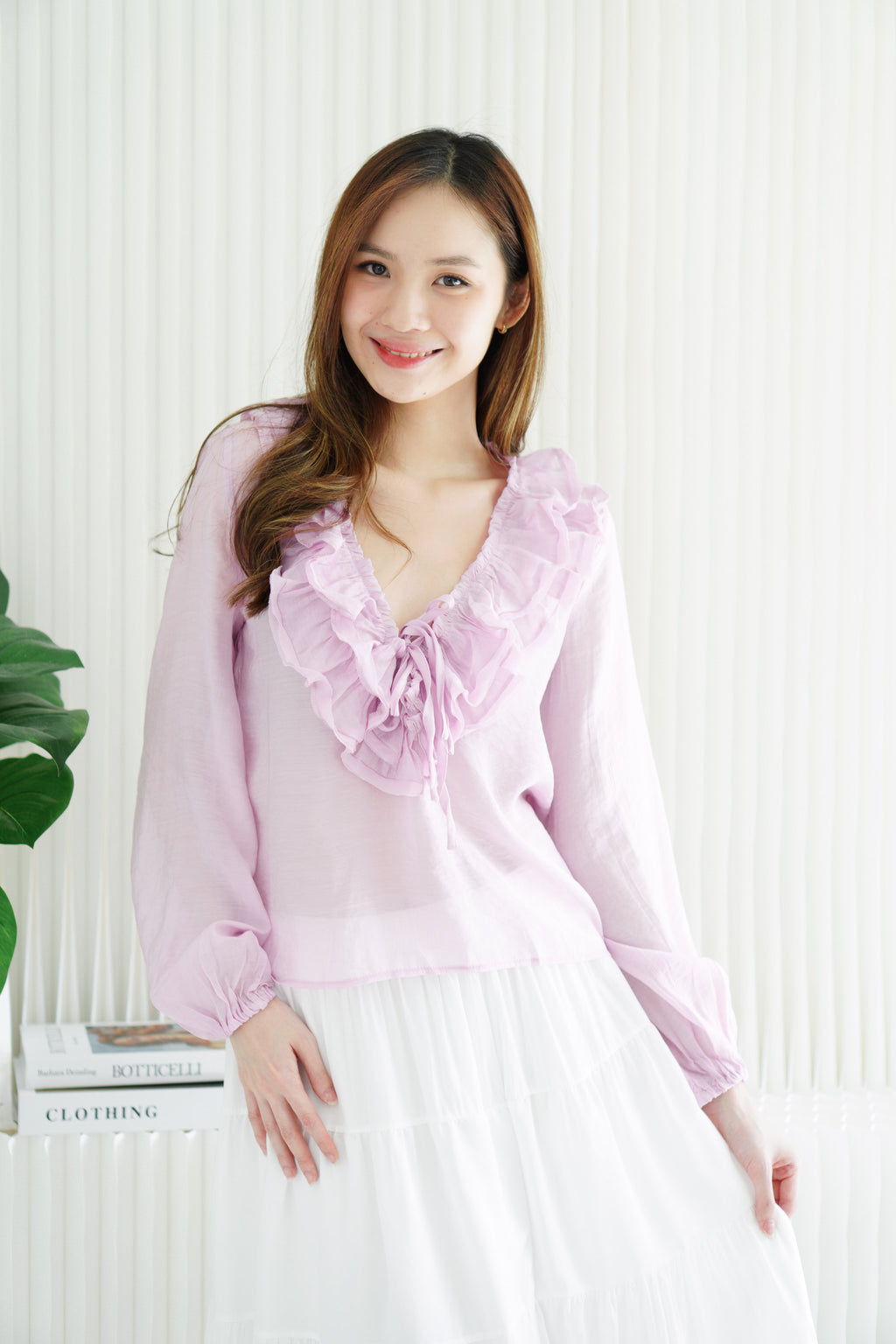 Niya Ruffles Long Sleeve Front-Tie Top in Mauve Pink