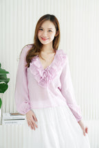 Niya Ruffles Long Sleeve Front-Tie Top in Mauve Pink