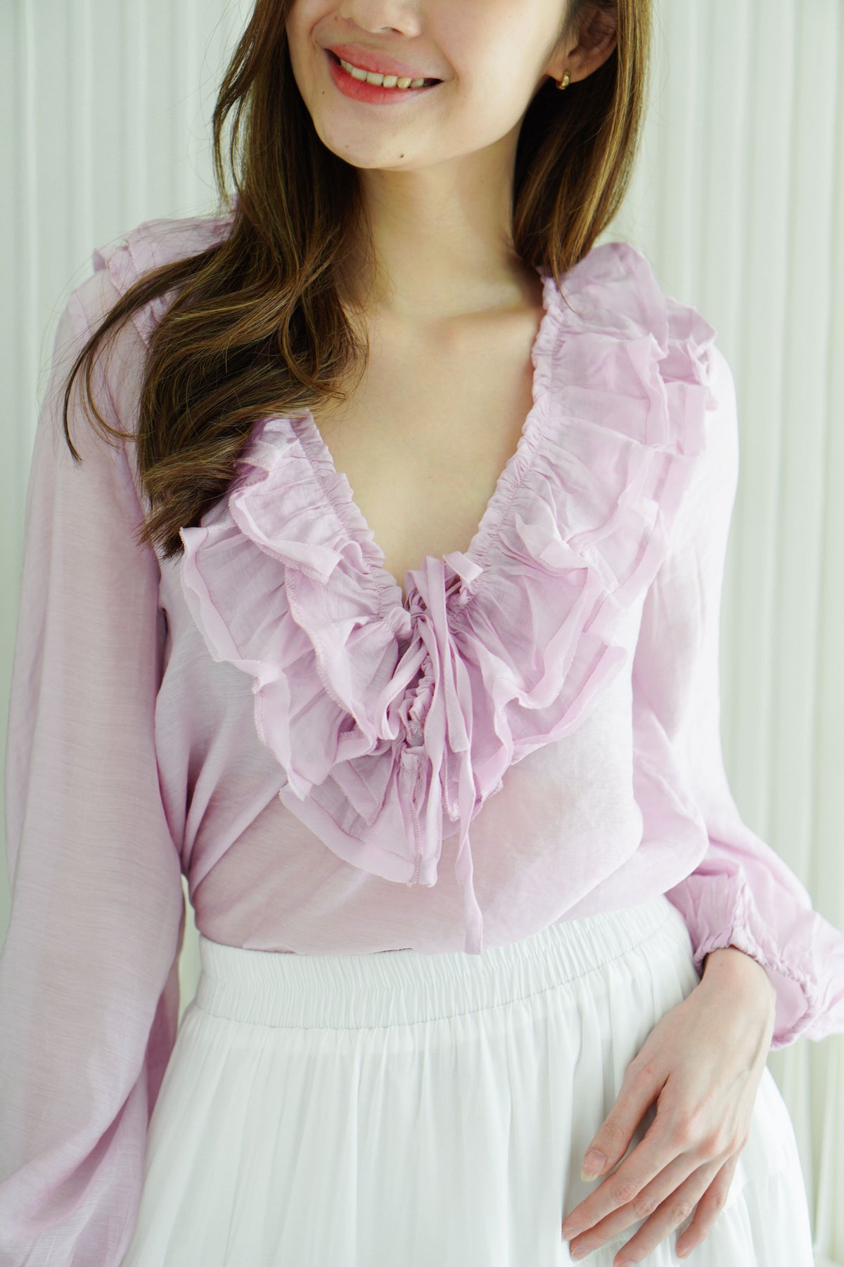 Niya Ruffles Long Sleeve Front-Tie Top in Mauve Pink