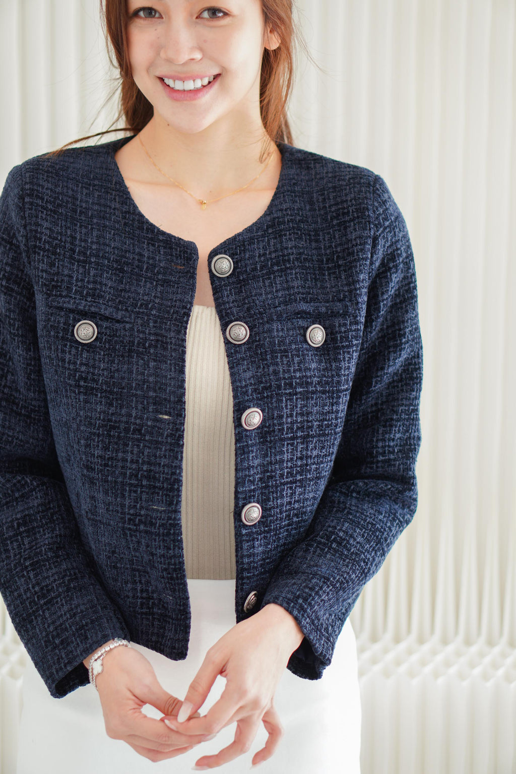 Vion Tweed Jacket Top in Dark Blue