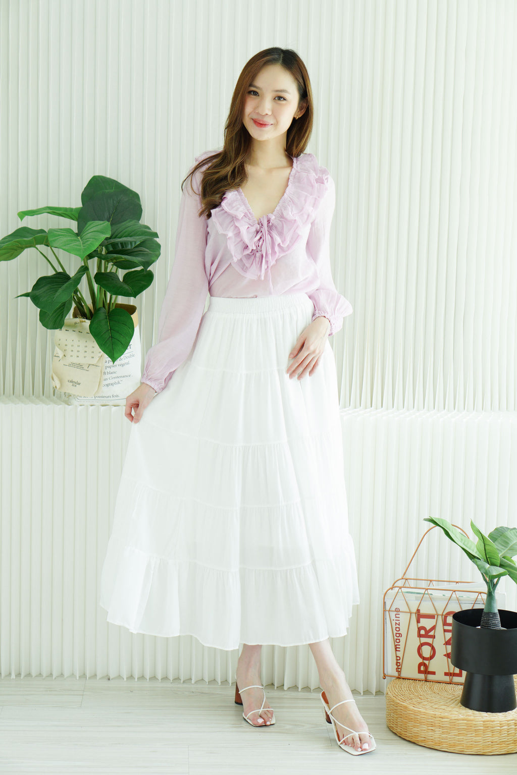 Niya Ruffles Long Sleeve Front-Tie Top in Mauve Pink