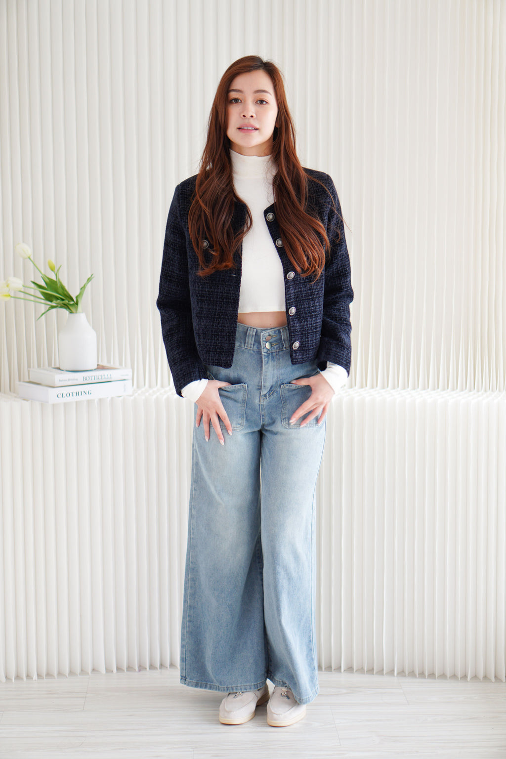 Vion Tweed Jacket Top in Dark Blue