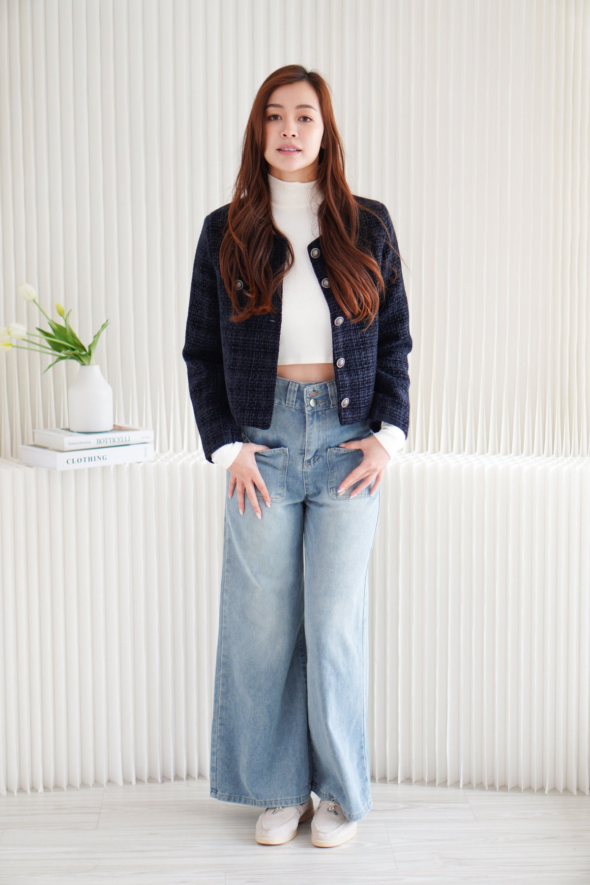 Vion Tweed Jacket Top in Dark Blue