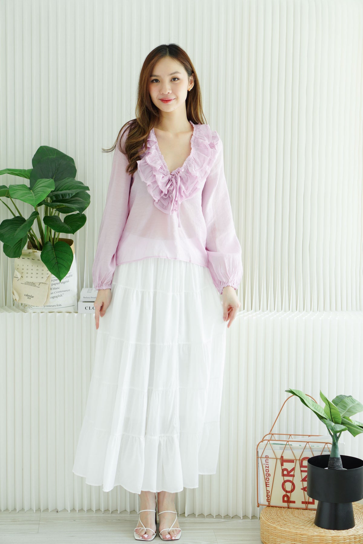 Niya Ruffles Long Sleeve Front-Tie Top in Mauve Pink