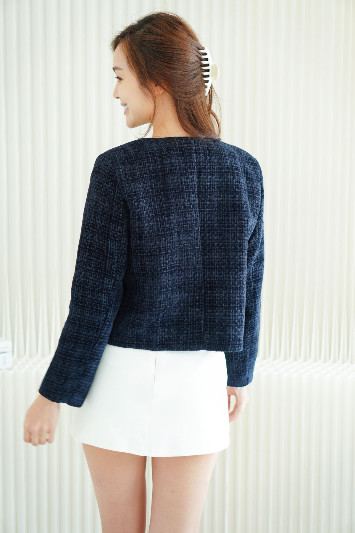 Vion Tweed Jacket Top in Dark Blue