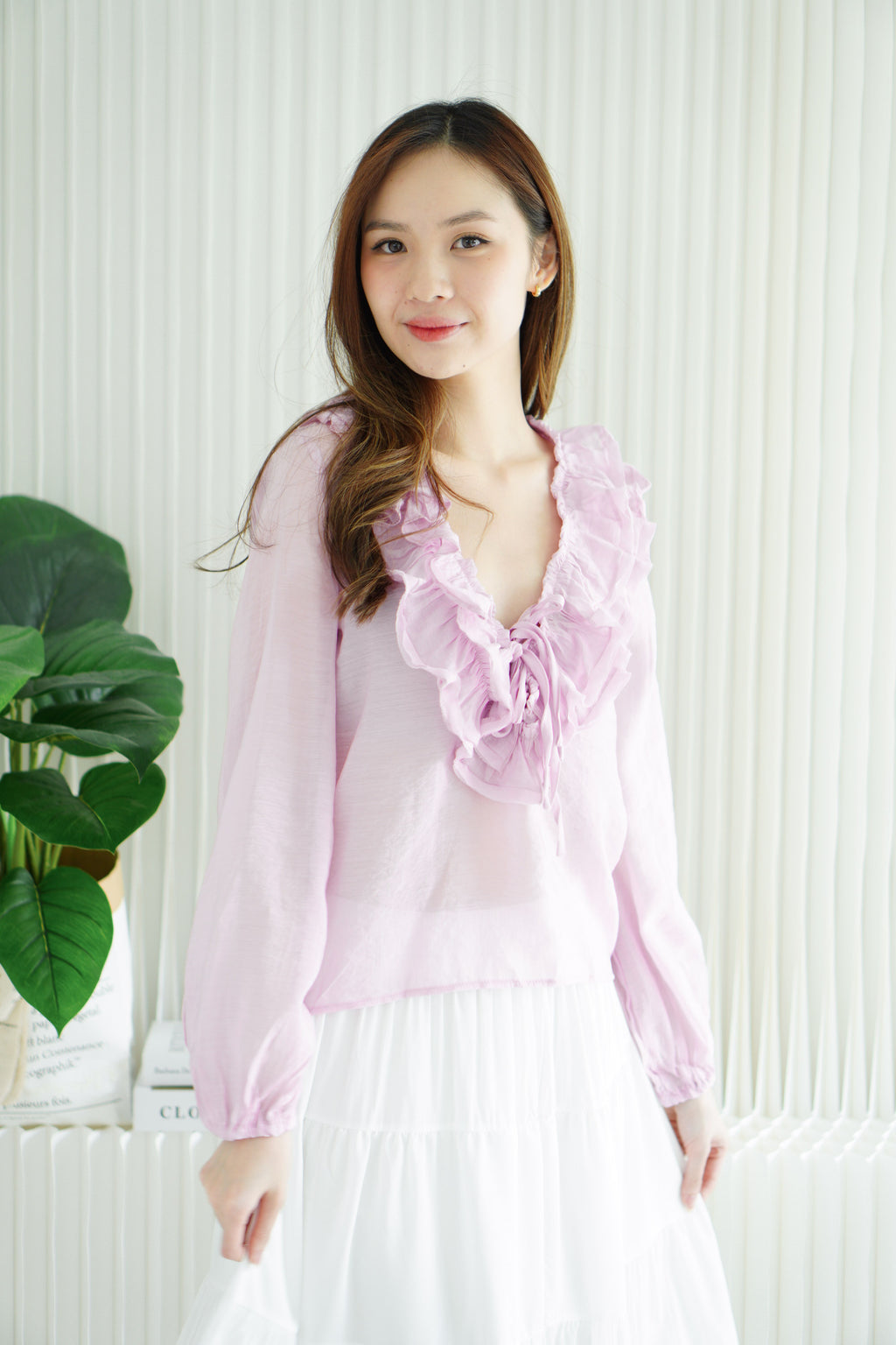 Niya Ruffles Long Sleeve Front-Tie Top in Mauve Pink