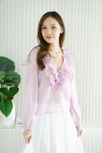 Niya Ruffles Long Sleeve Front-Tie Top in Mauve Pink